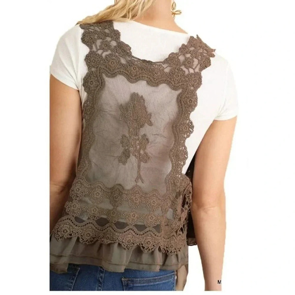 Umgee Taupe Brown Open Front Boho Lace Kimono M/L - Picture 2 of 5